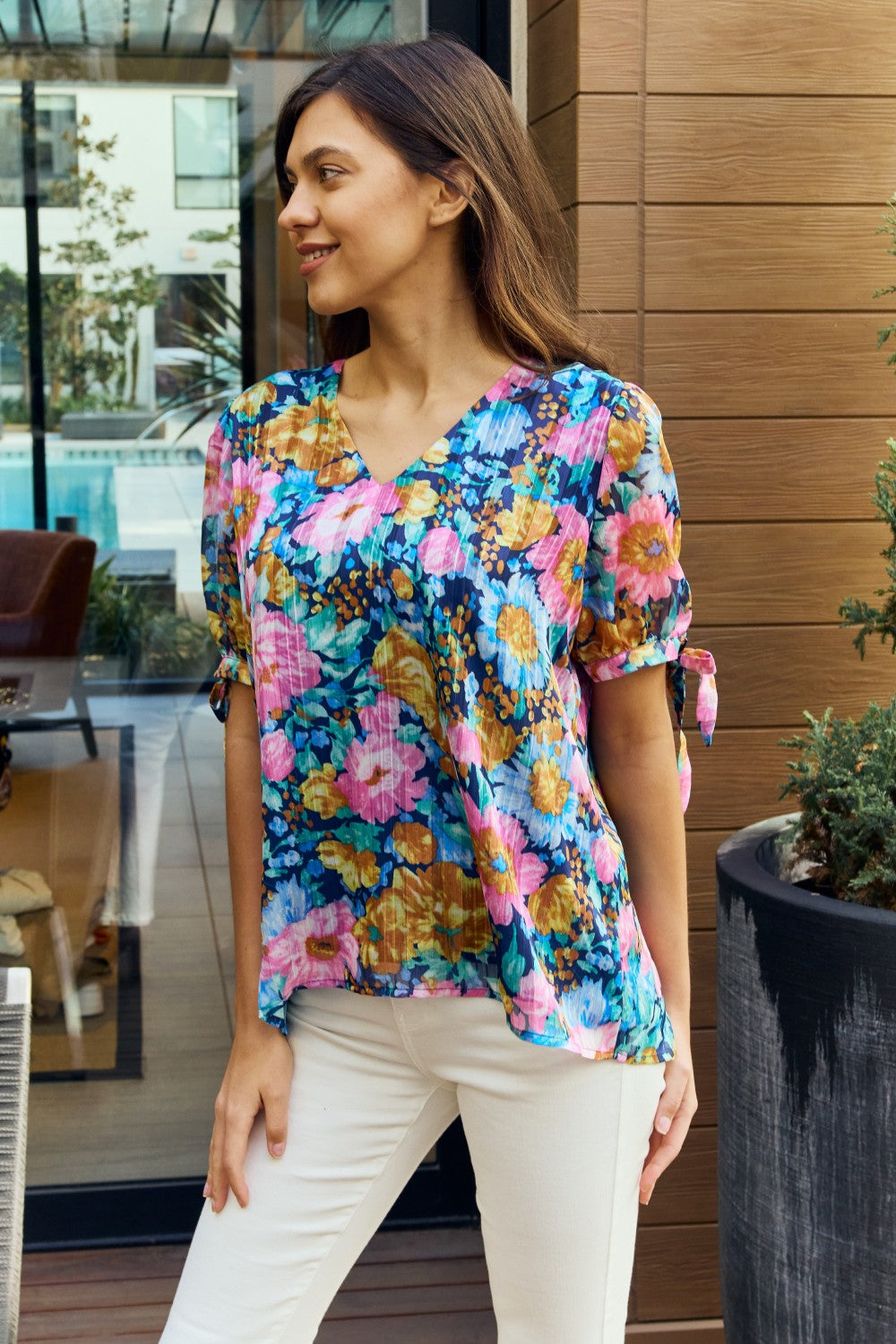 Petal Dew Full Size Floral V-Neck Tie Detail Blouse | Blouse - CHANELIA