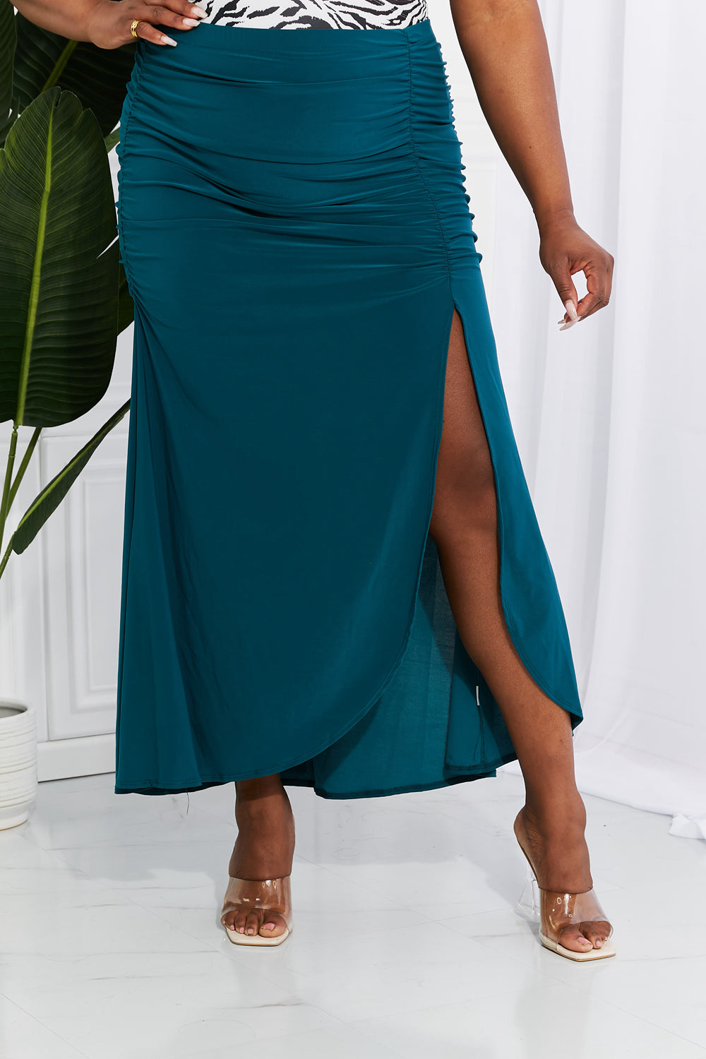 Up and Up: Ruched Slit Maxi Skirt in Teal | Skirt - CHANELIA