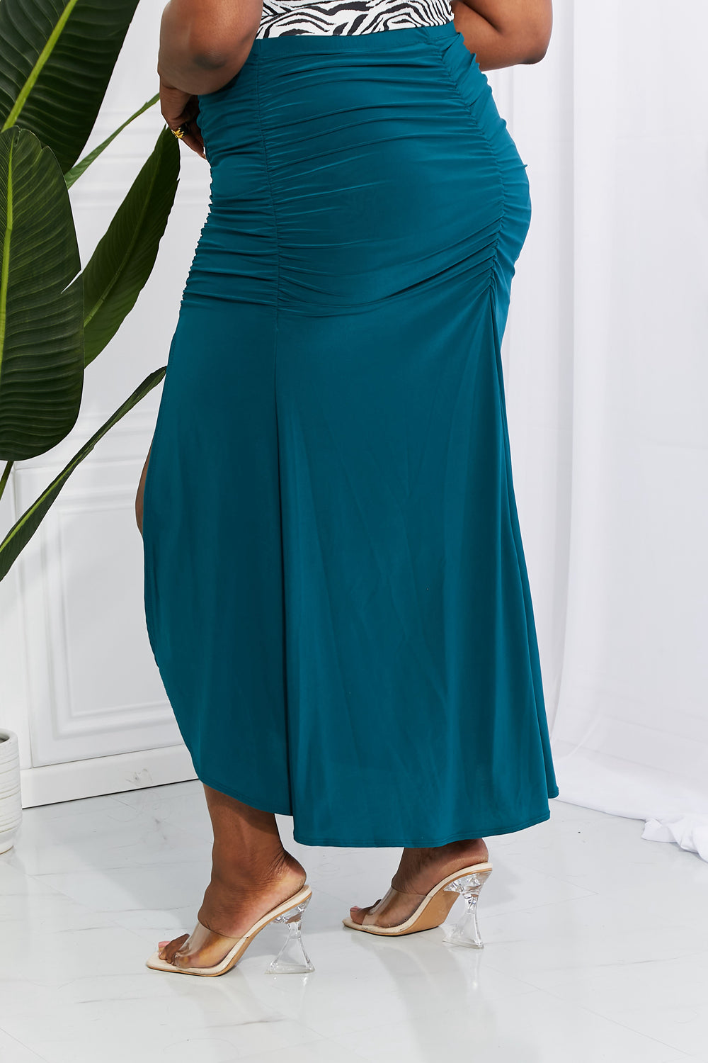 Up and Up: Ruched Slit Maxi Skirt in Teal | Skirt - CHANELIA