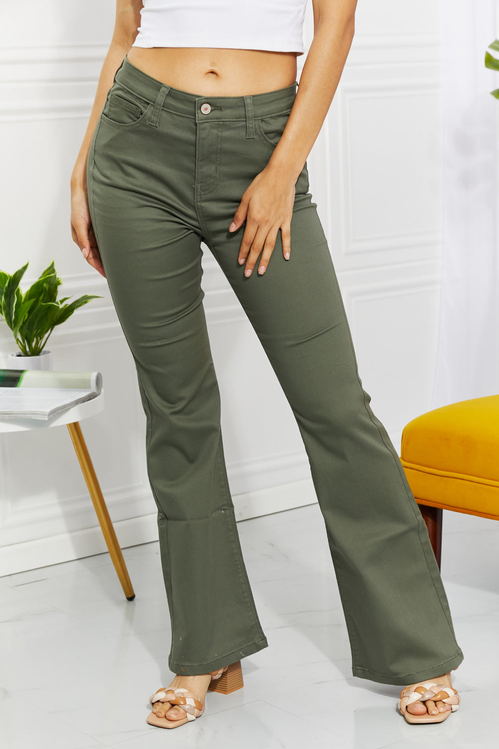 Zenana Clementine Full Size High-Rise Bootcut Jeans in Olive | - CHANELIA