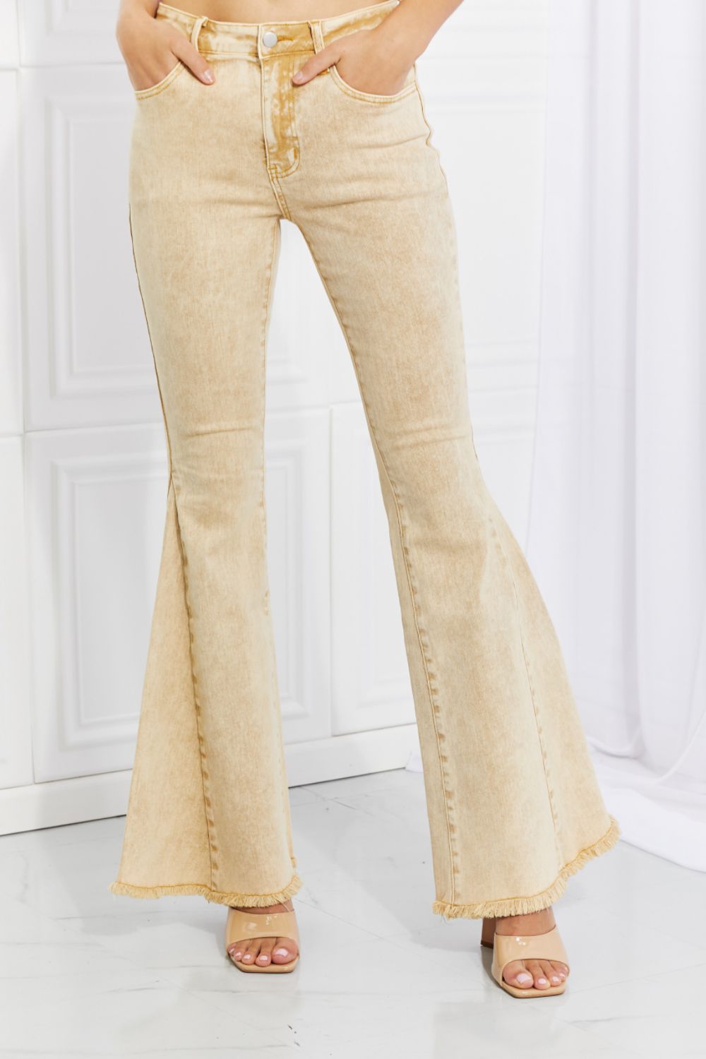 Color Theory Flip Side Fray Hem Bell Bottom Jeans in Yellow | - CHANELIA