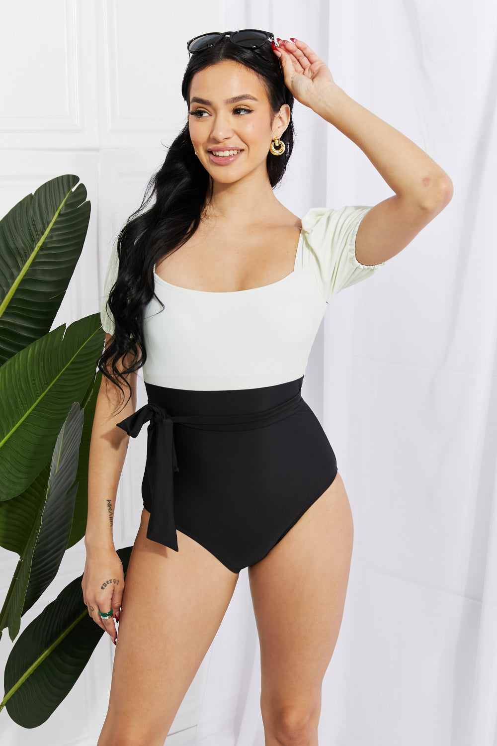 Marina West Swim Salty Air Puff Sleeve One-Piece in Cream/Black | - CHANELIA
