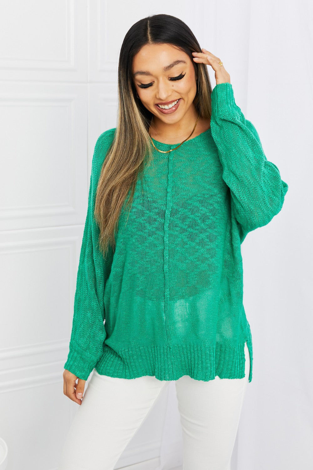 Kelly Green Sleeve Slit Knit Top: Mittoshop