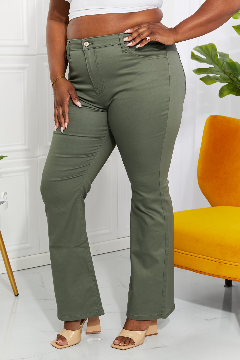 Zenana Clementine Full Size High-Rise Bootcut Jeans in Olive | - CHANELIA