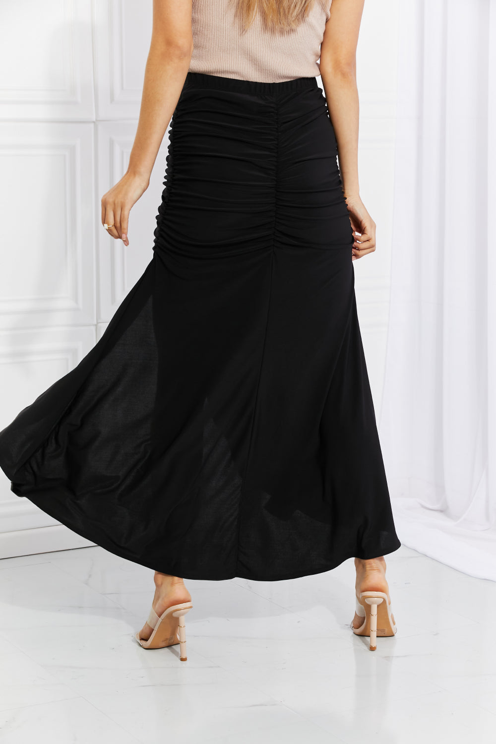 White Birch Full Size Up and Up Ruched Slit Maxi Skirt in Black | - CHANELIA