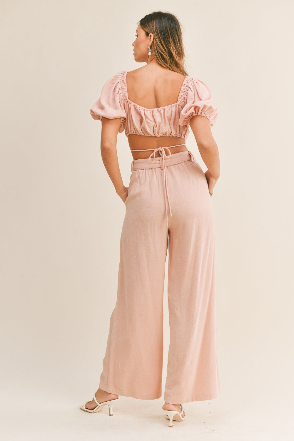 Cut Out Drawstring Crop Top and Belted Pants Set | Pants Set - CHANELIA