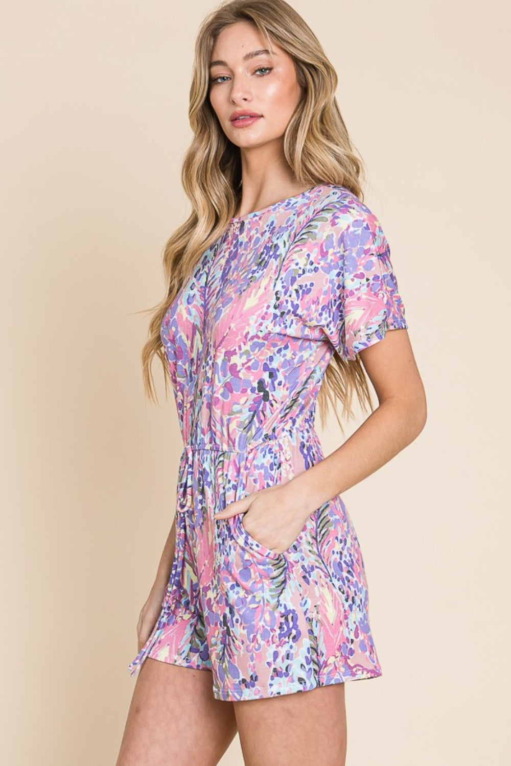 Print Short Sleeve Romper with Pockets | Romper - CHANELIA