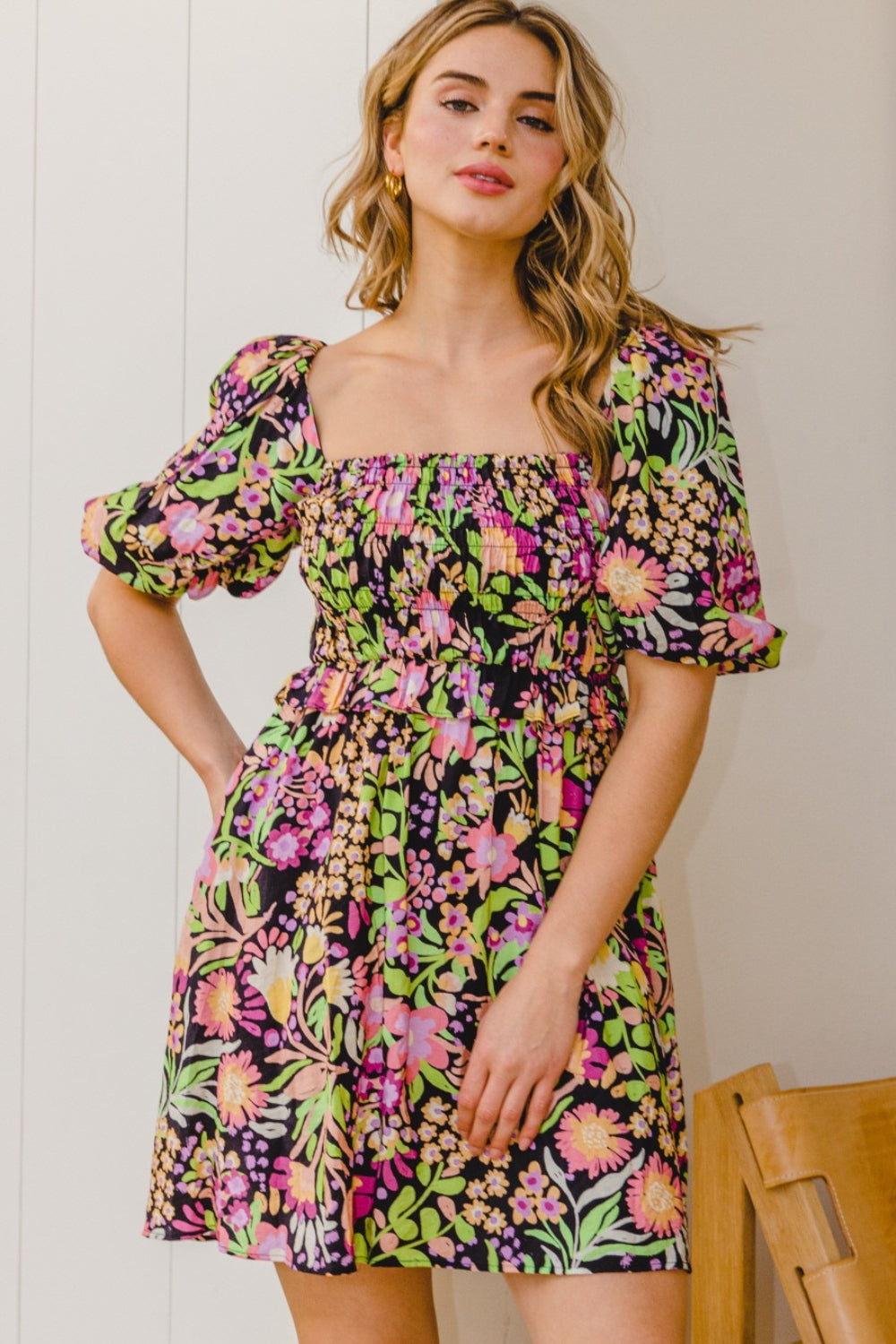 ODDI Full Size Floral Tie-Back Mini Dress | Dress - CHANELIA
