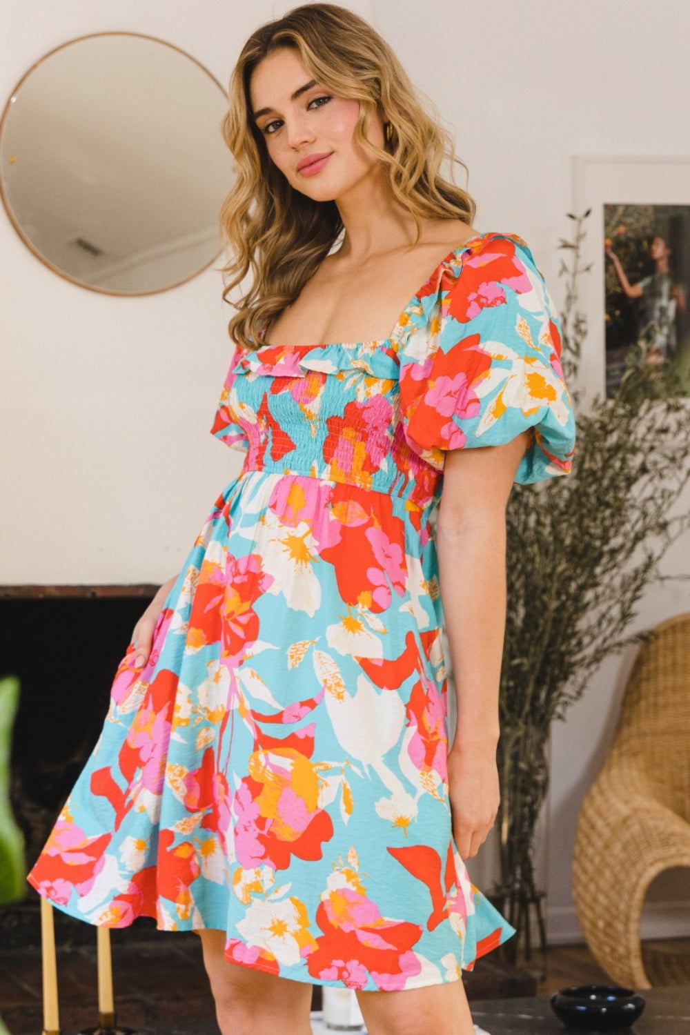 Printed Smocked Puff Sleeve Mini Dress | Dress - CHANELIA