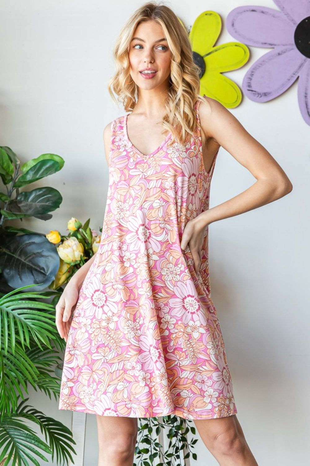 Floral V-Neck Tank Dress with Pockets | Dress - CHANELIA