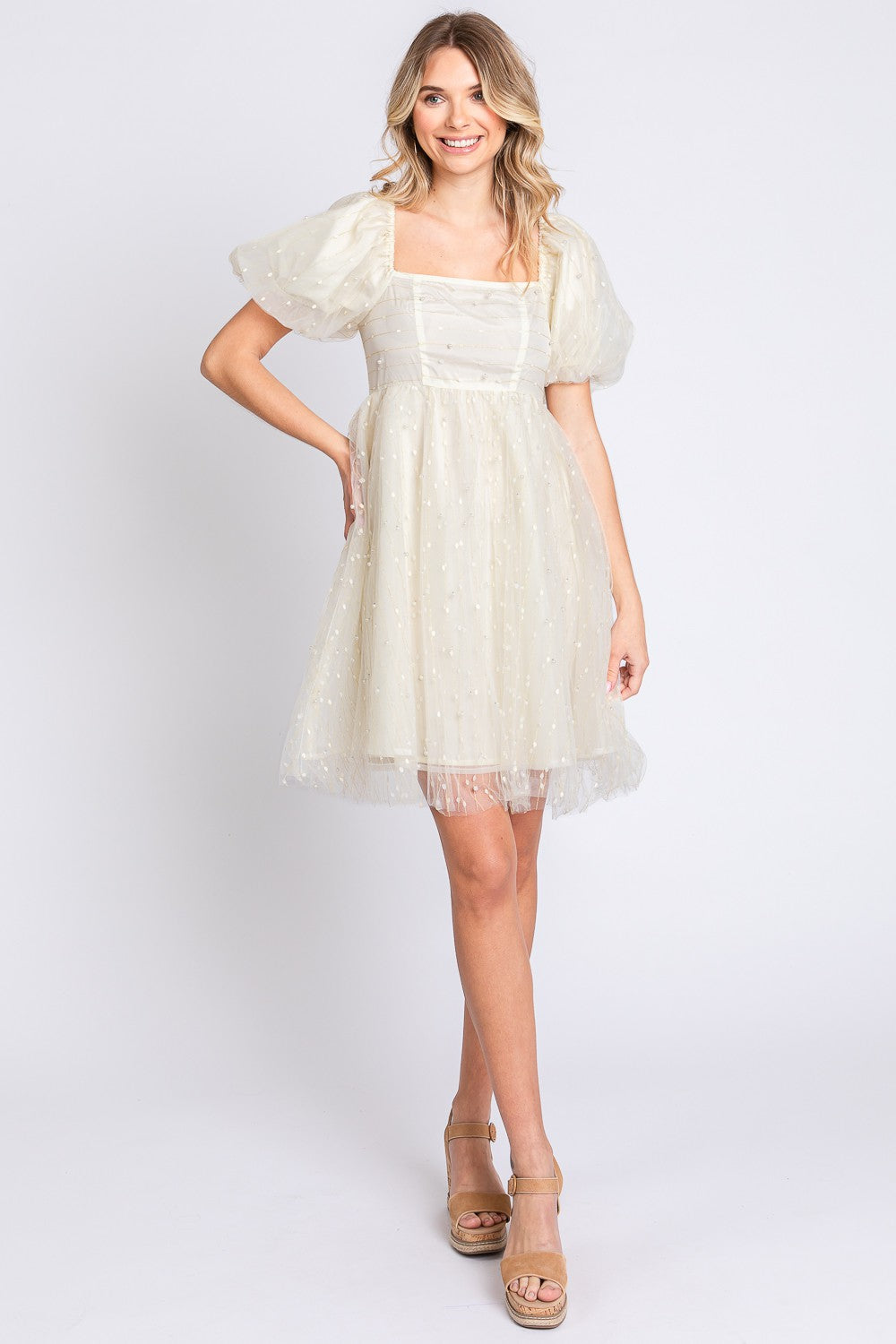 Pearl Mesh Puff Sleeve Babydoll Dress | Dress - CHANELIA