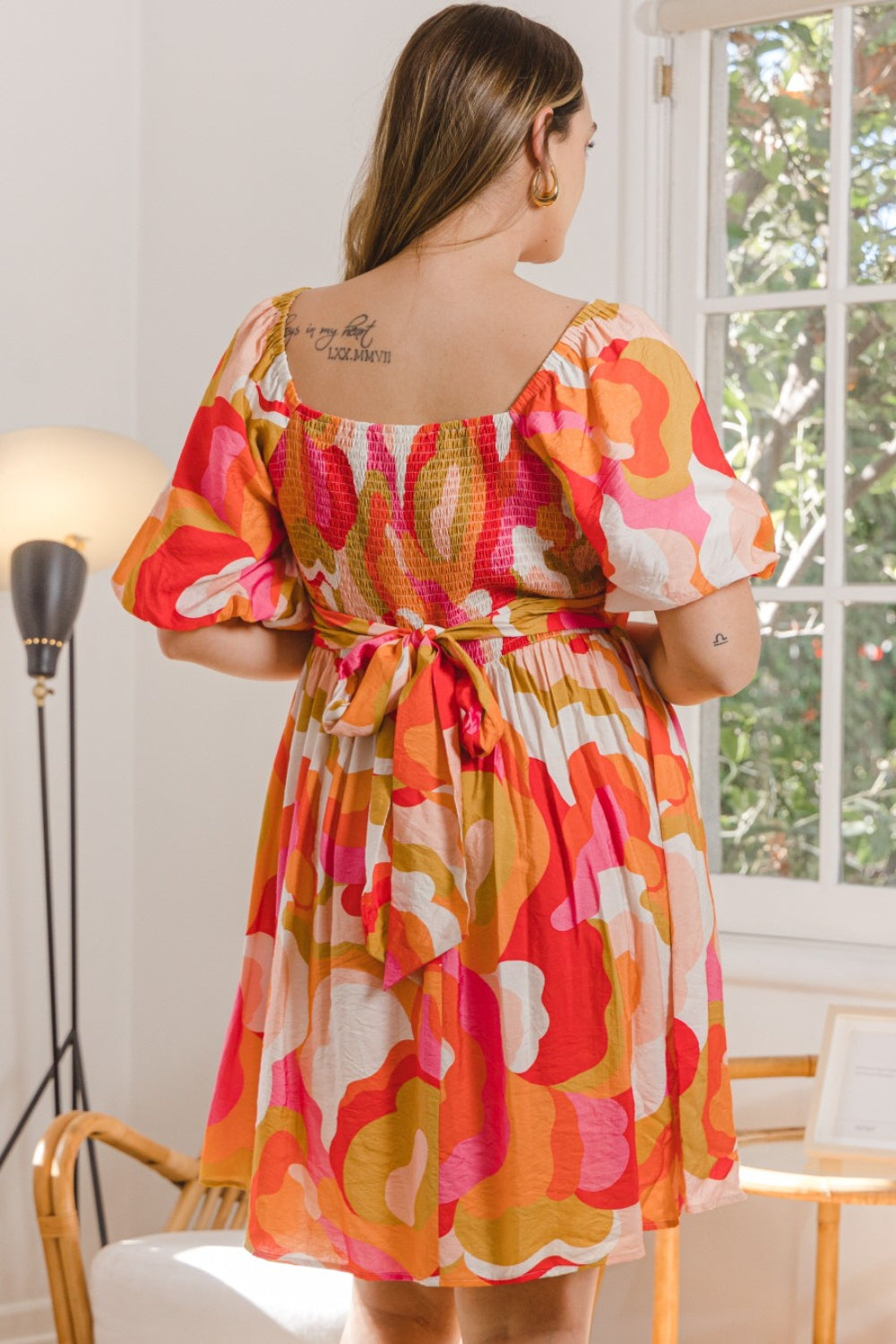 Full Size Printed Tied Back Short Sleeve Mini Dress | Dress - CHANELIA