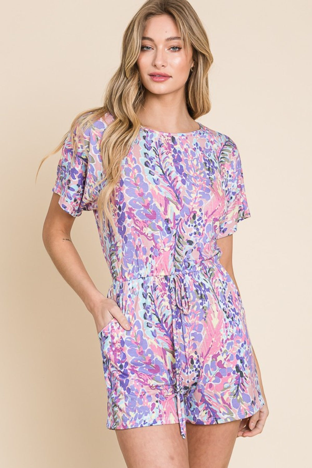 Print Short Sleeve Romper with Pockets | Romper - CHANELIA
