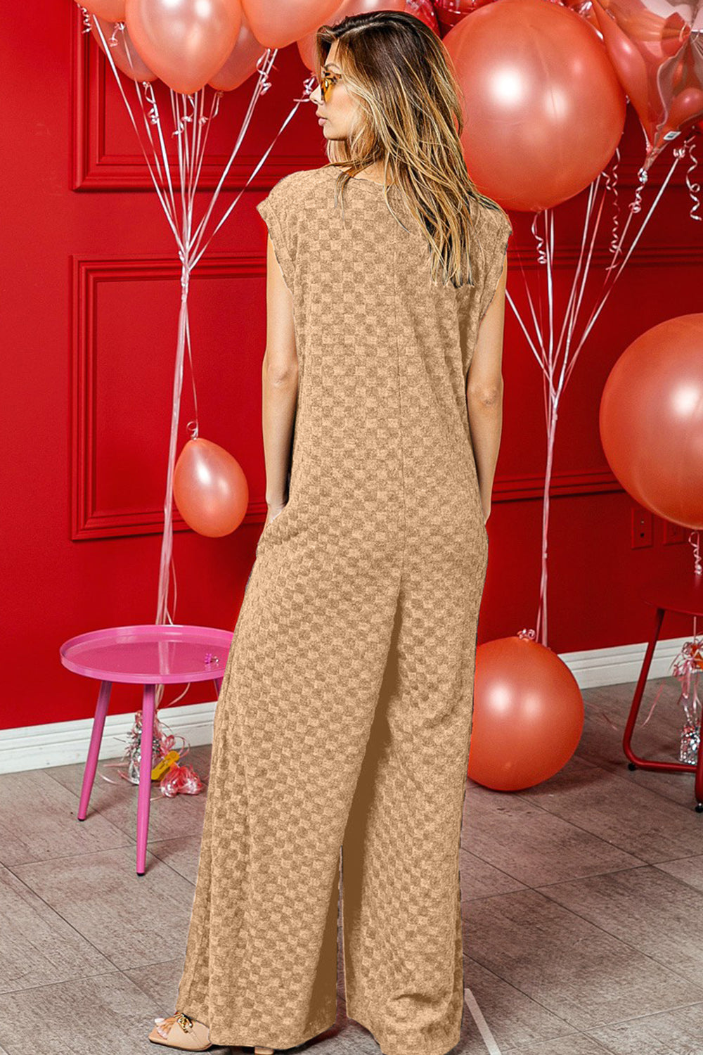 Checkered Cap Sleeve Wide Leg Jumpsuit with Pockets | Jumpsuit - CHANELIA