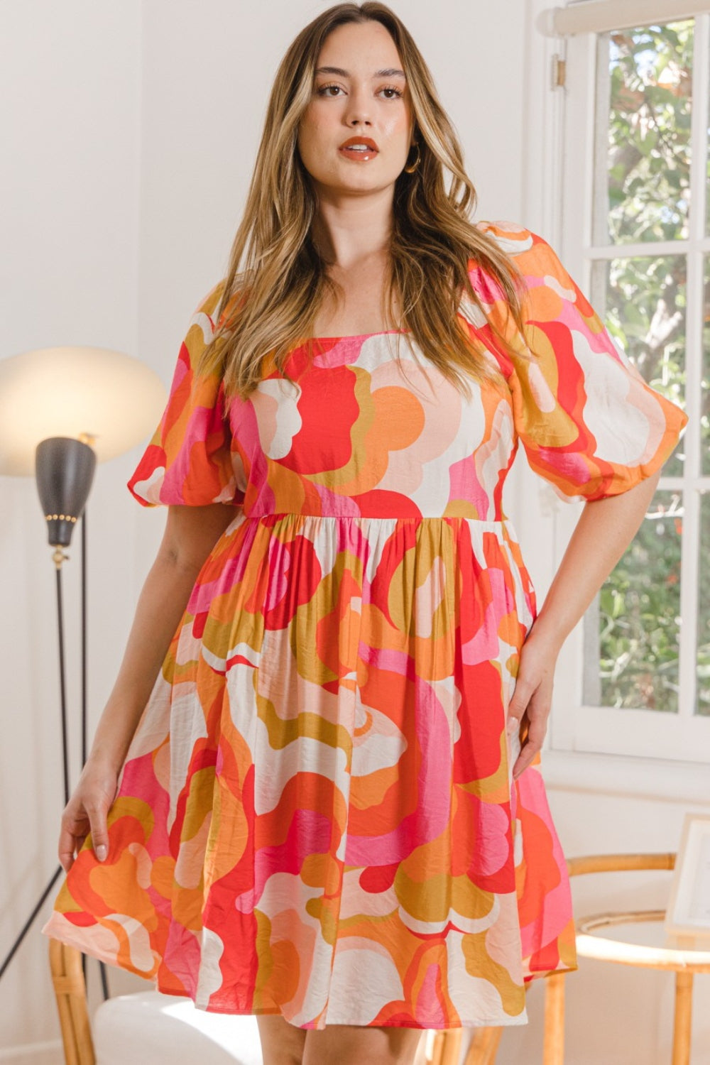 Full Size Printed Tied Back Short Sleeve Mini Dress | Dress - CHANELIA