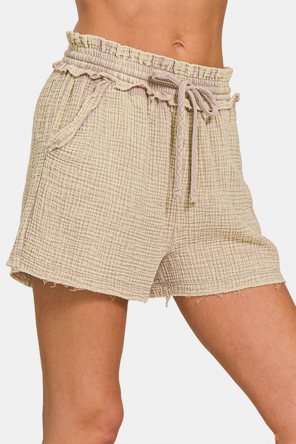 Washed Frayed Hem Drawstring Shorts | Shorts - CHANELIA