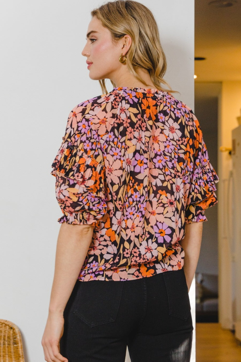 Floral Tie Neck Ruffled Blouse | Blouse - CHANELIA