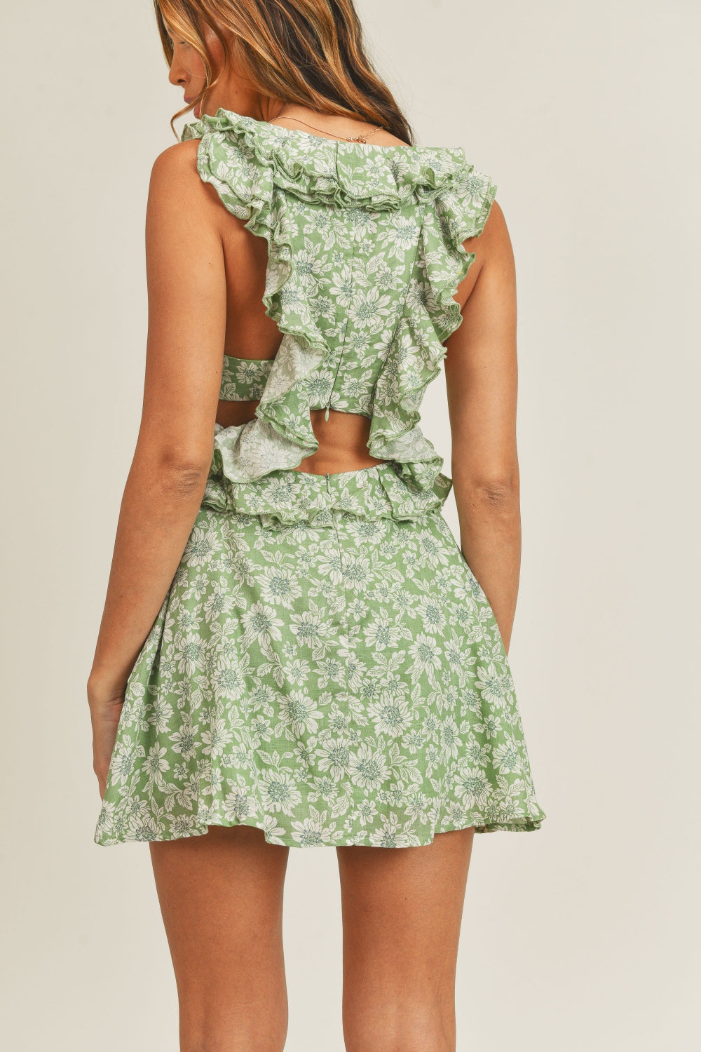 Floral Side Cutout Ruffled Mini Dress | Dress - CHANELIA