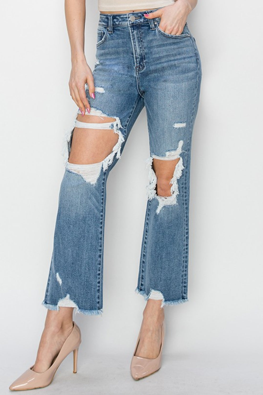 High Rise Distressed Crop Straight Jeans | Jeans - CHANELIA