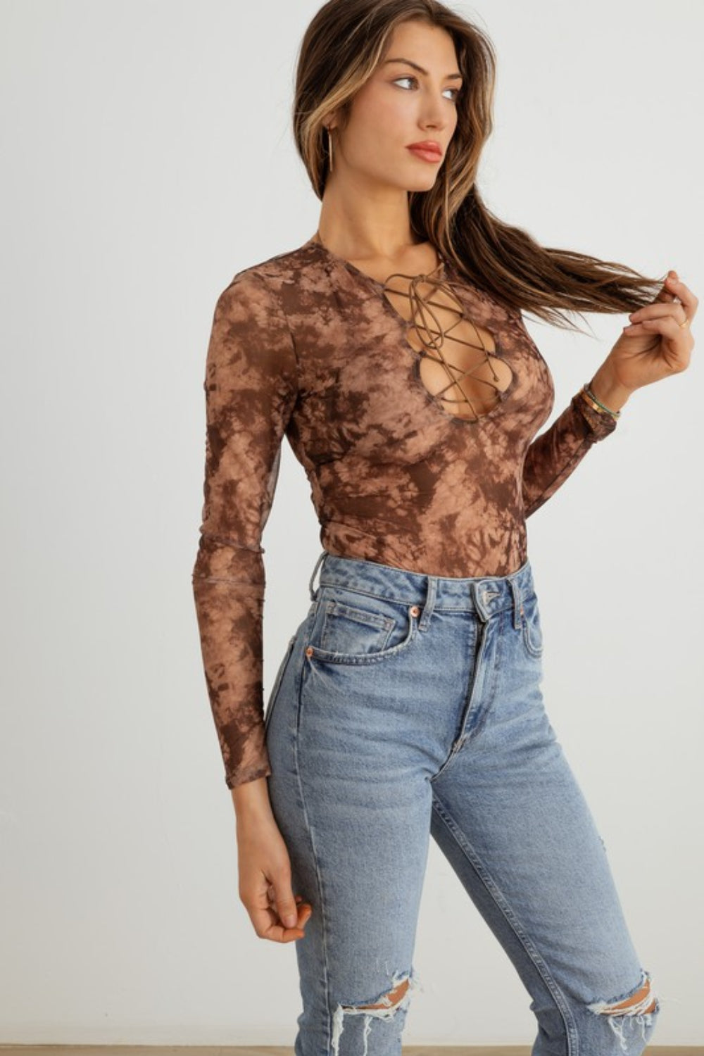 Abstract Mesh Lace-Up Long Sleeve Bodysuit | Bodysuit - CHANELIA