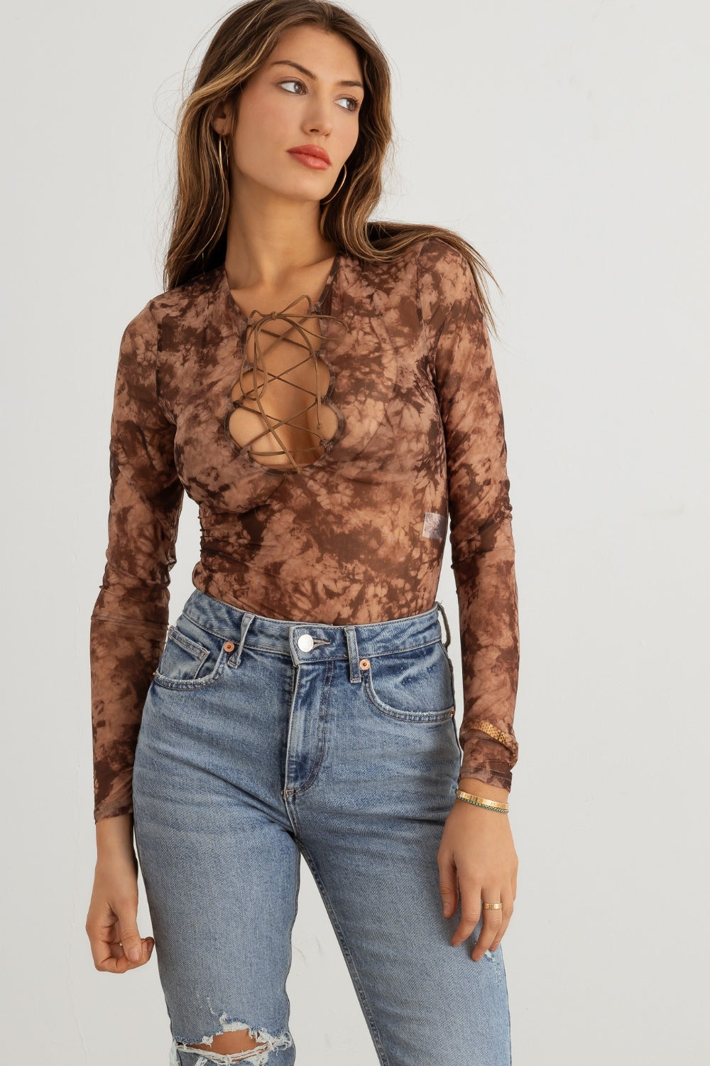 Abstract Mesh Lace-Up Long Sleeve Bodysuit | Bodysuit - CHANELIA