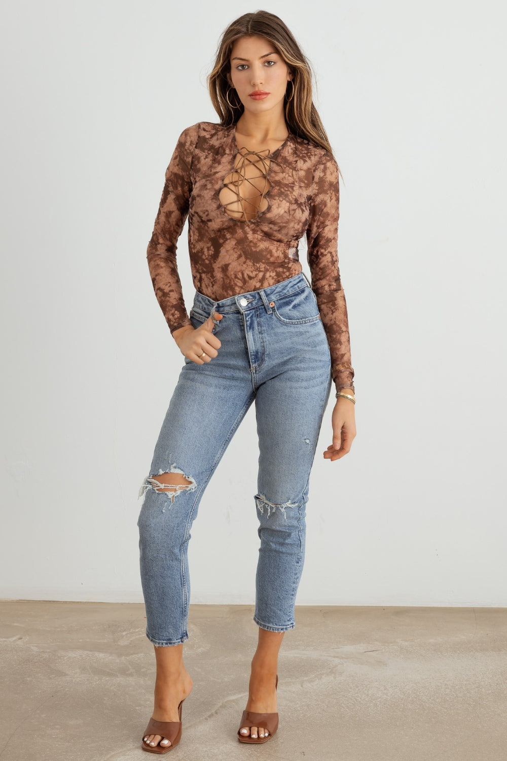 Abstract Mesh Lace-Up Long Sleeve Bodysuit | Bodysuit - CHANELIA