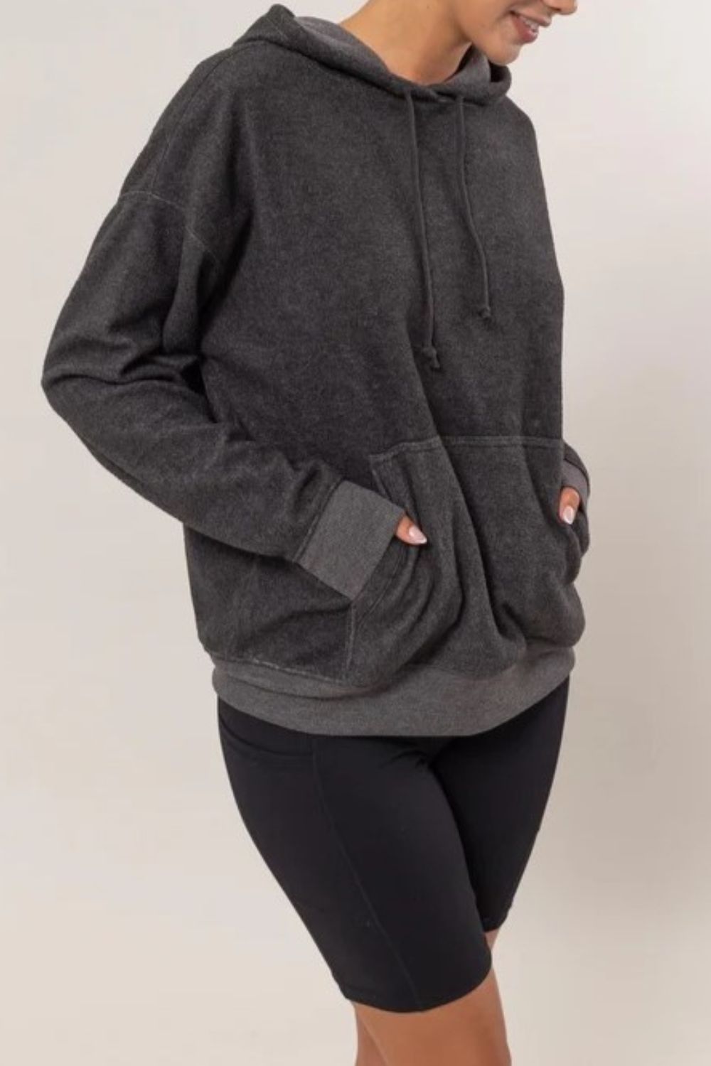 Brushed Luxe Kangaroo Hoodie in dark grey, side view