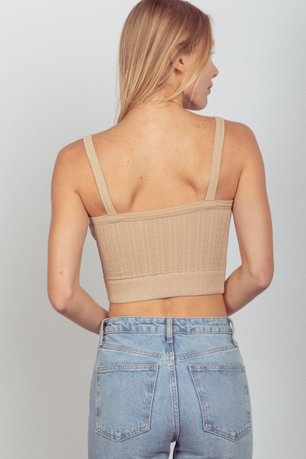 Beige cable knit cropped cami, back view