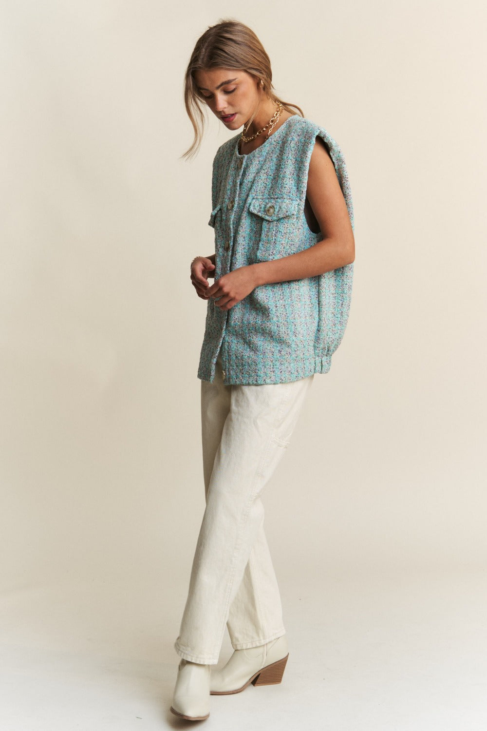 Full outfit with Celeste Blue Tweed Vest and white pants