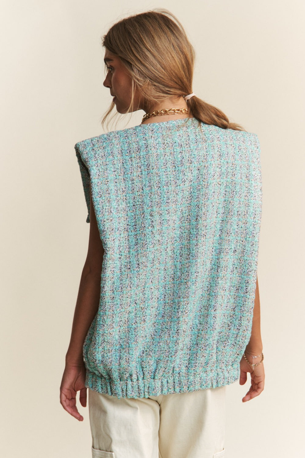 Back view of Celeste Blue Tweed Vest with padded shoulders