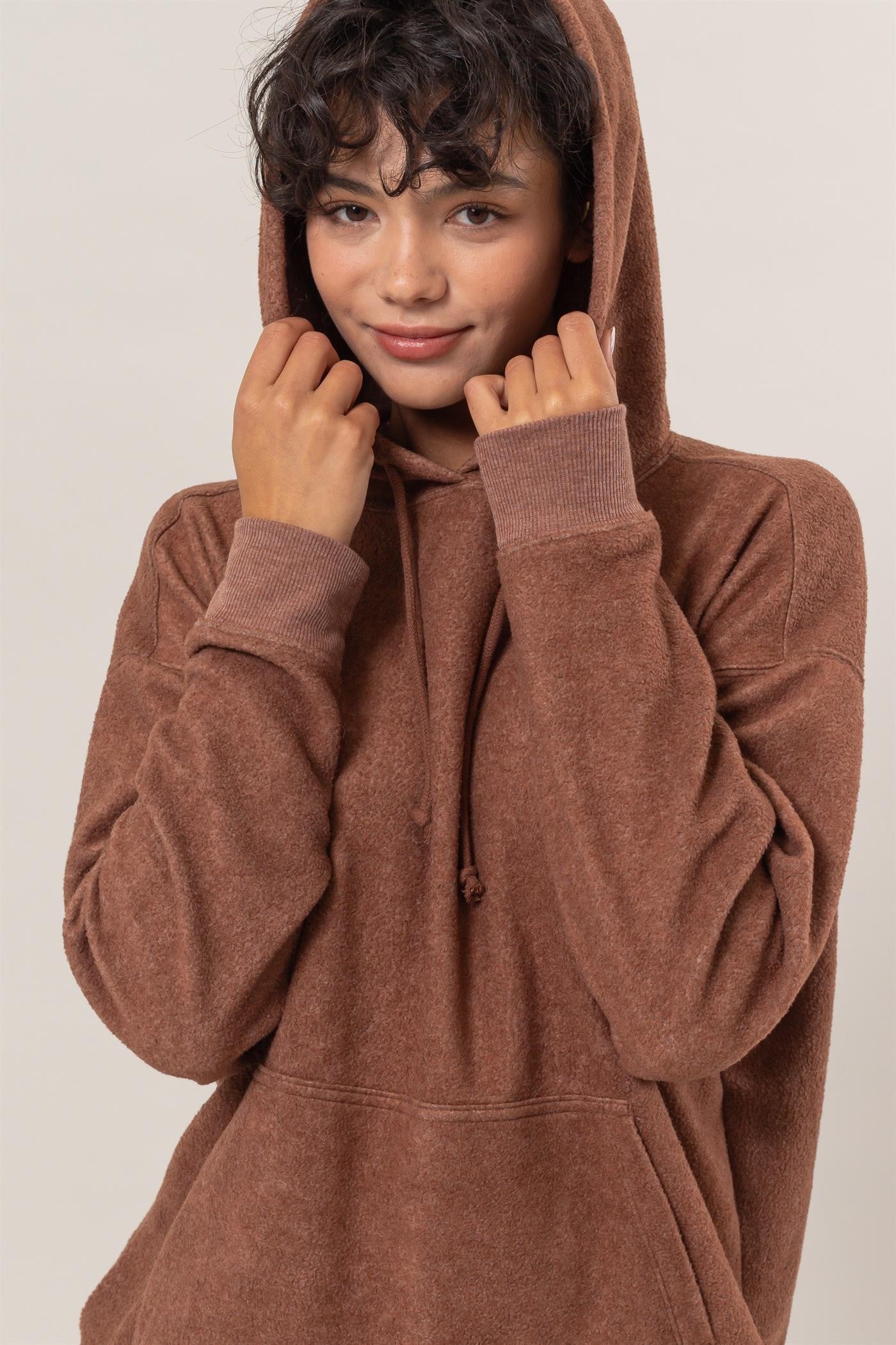 Château Brume Hoodie in chestnut, front view with hood up