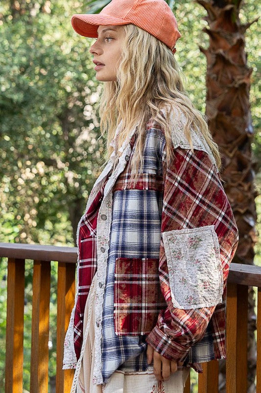 Château Plaid Embrace Shirt in red and blue plaid, side view