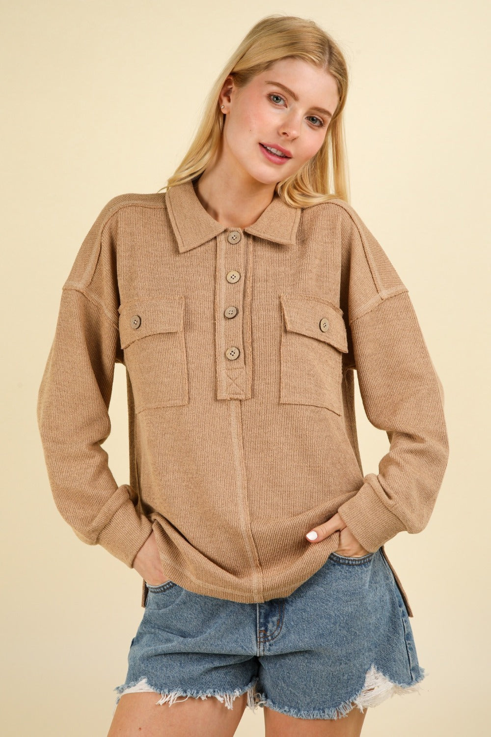 ChicPocket Knit Top in beige, front view with button details.