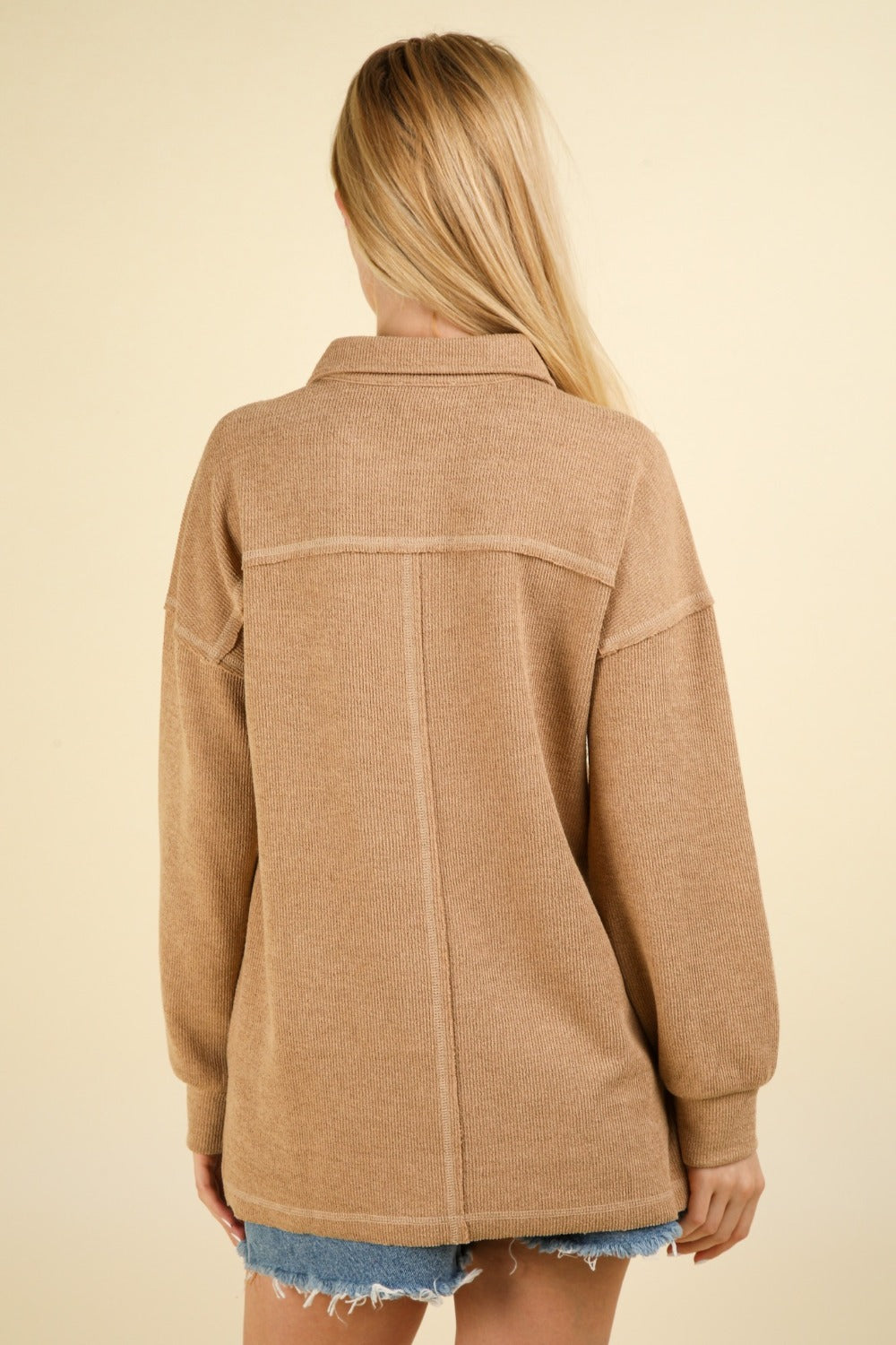 ChicPocket Knit Top in beige, back view showcasing long sleeves.