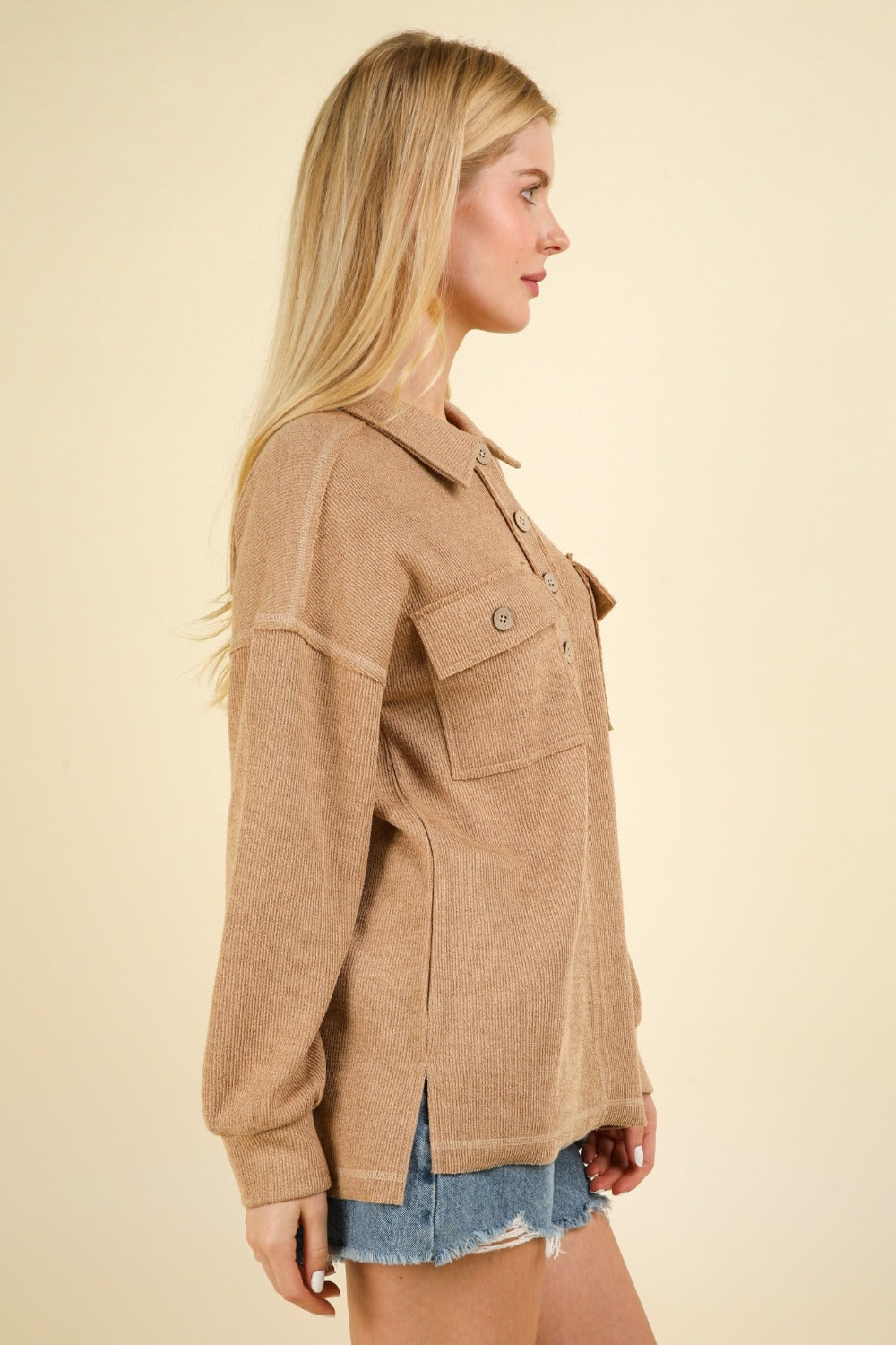 ChicPocket Knit Top in beige, side view highlighting collar.