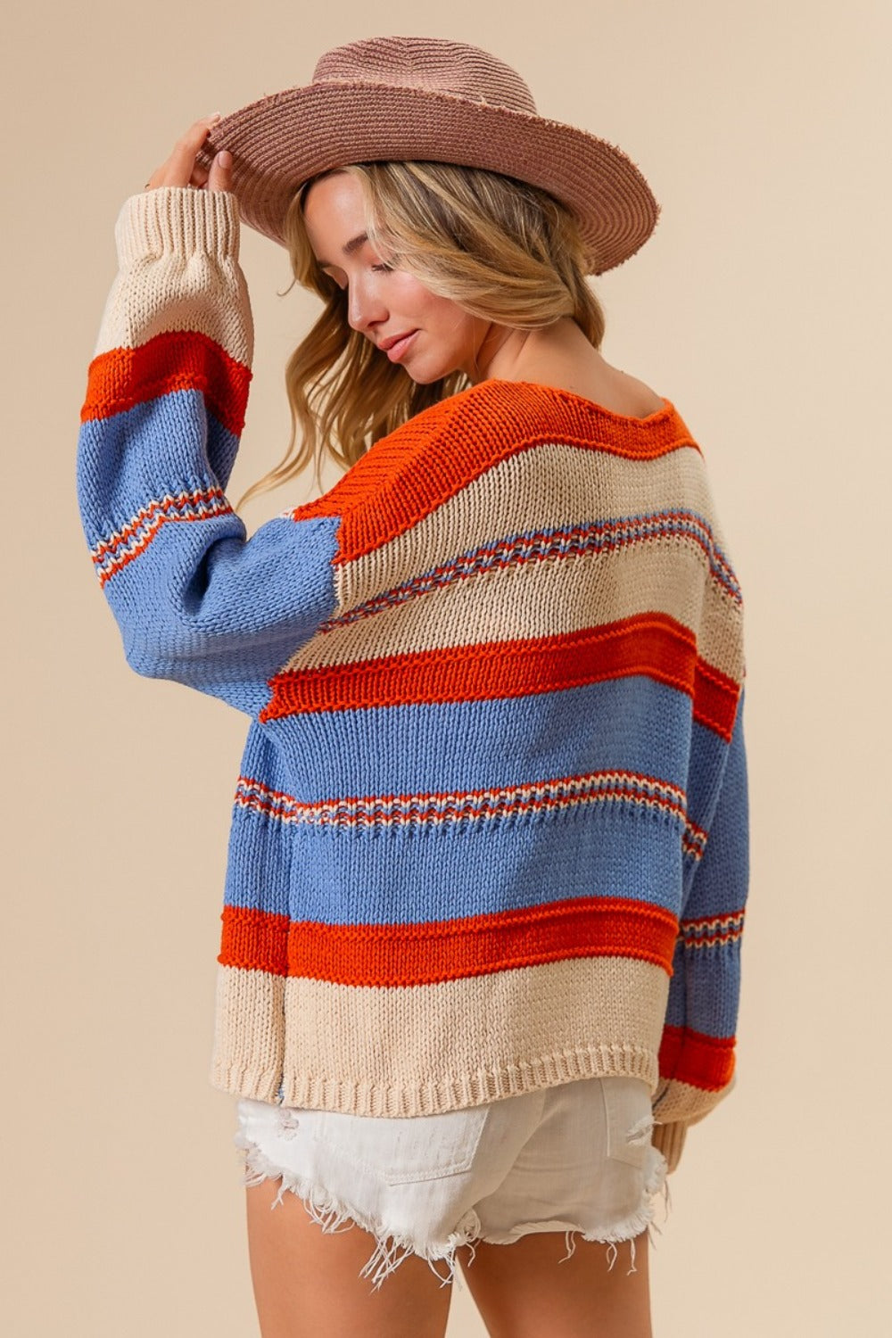 ColorPop Scoop Neck Sweater, back view with colorful stripes