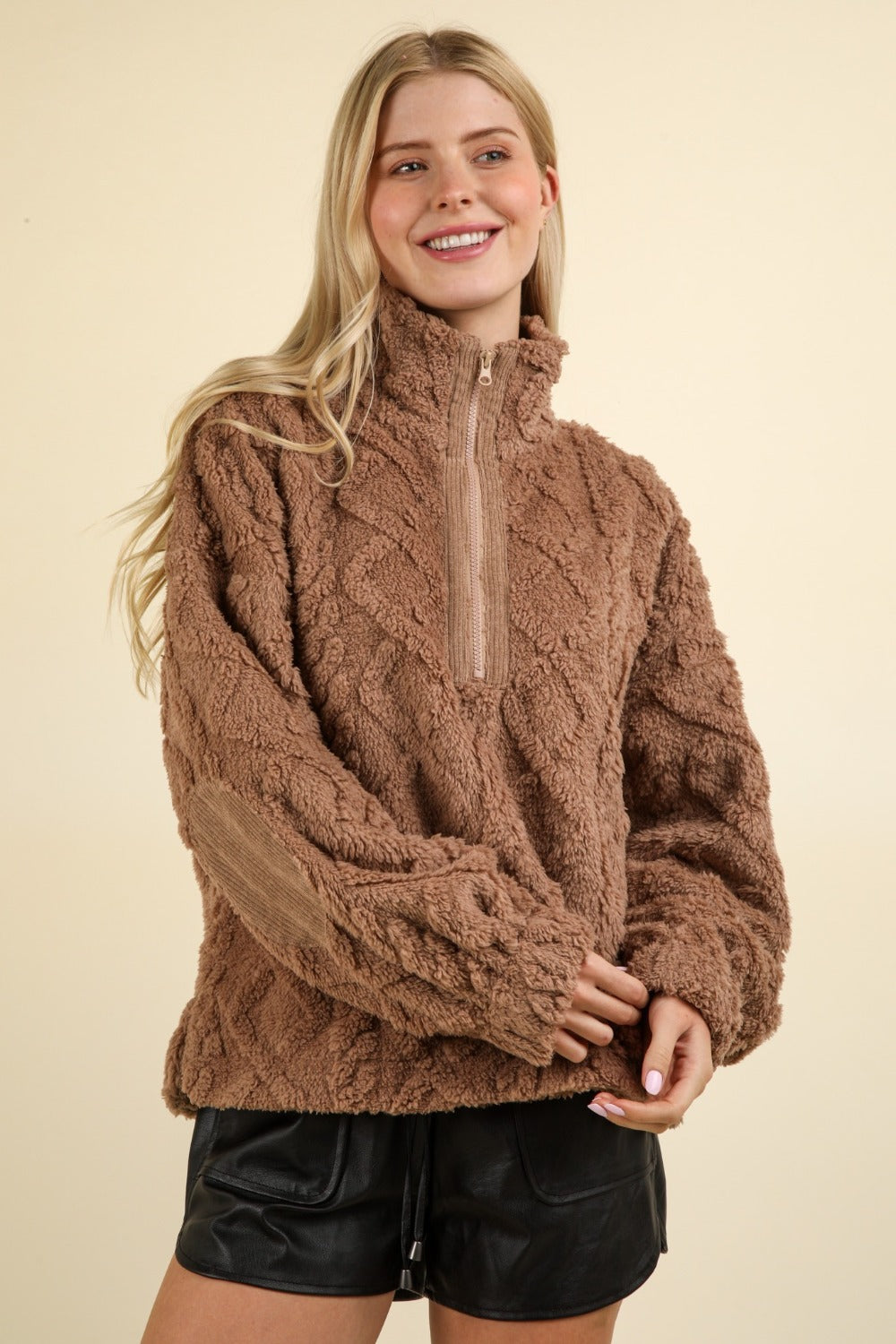 CozyCurves Fleece Half Zip Sweatshirt in brown, front view