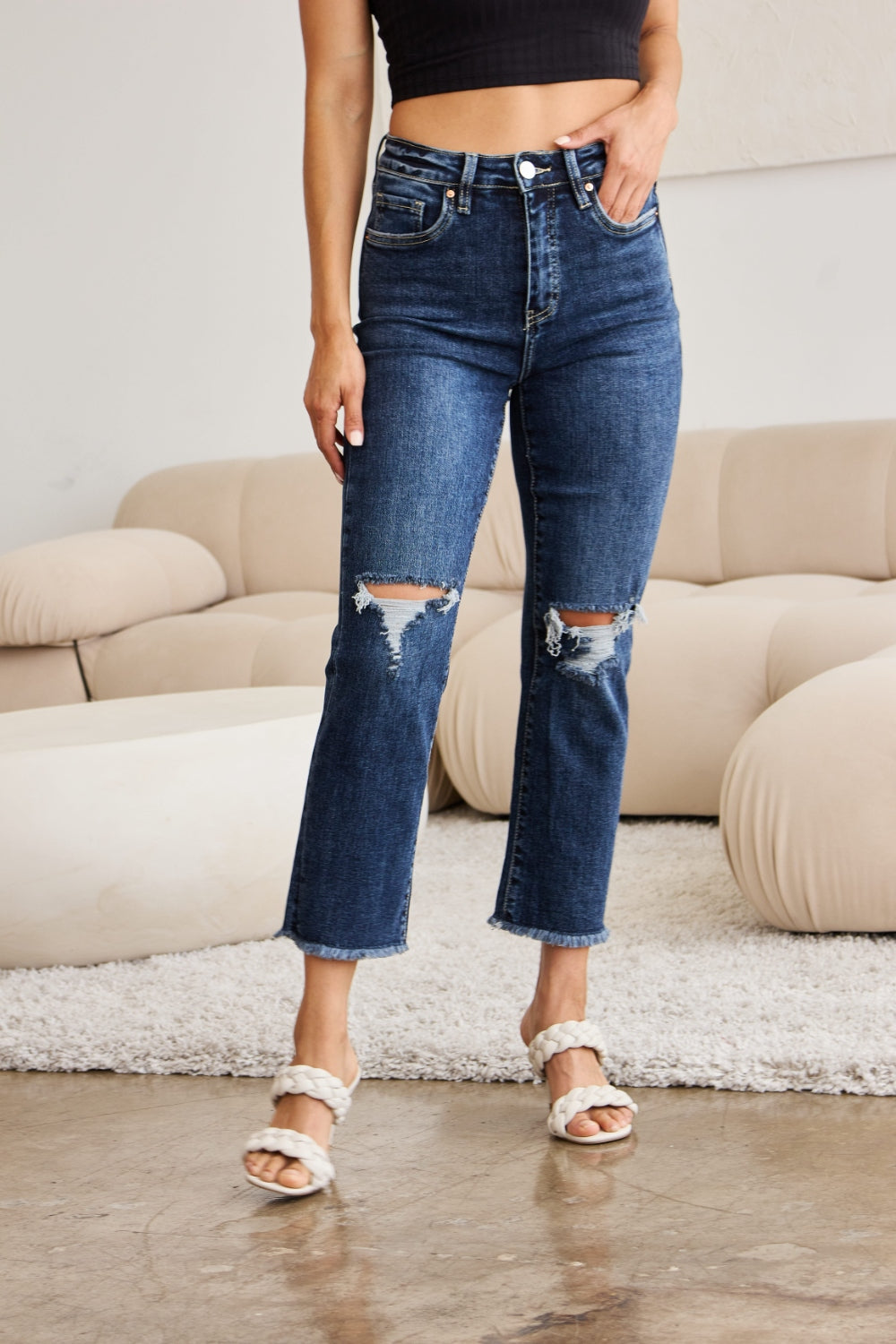 Crop Dylan: Tummy Control Distressed High Waist Raw Hem Jeans | Jeans - CHANELIA