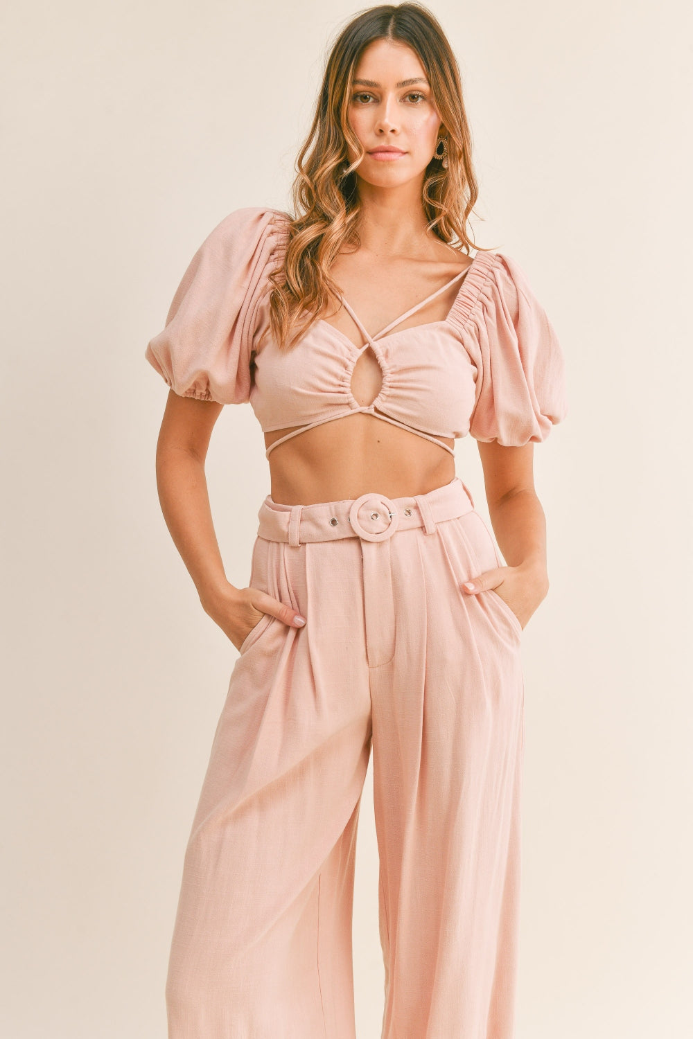 Cut Out Drawstring Crop Top and Belted Pants Set | Pants Set - CHANELIA