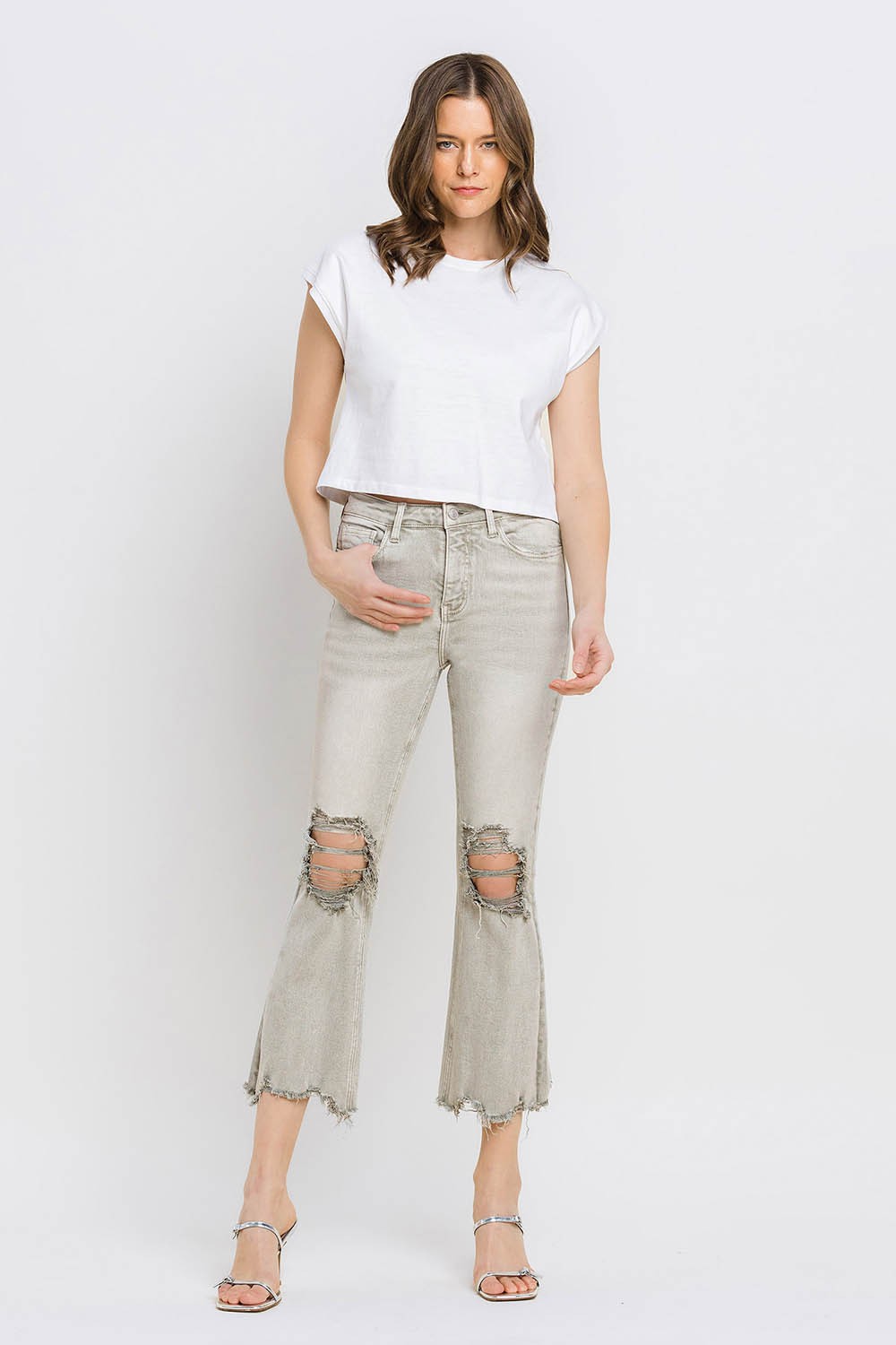 Distressed Raw Hem Cropped Flare Jeans | Jeans - CHANELIA