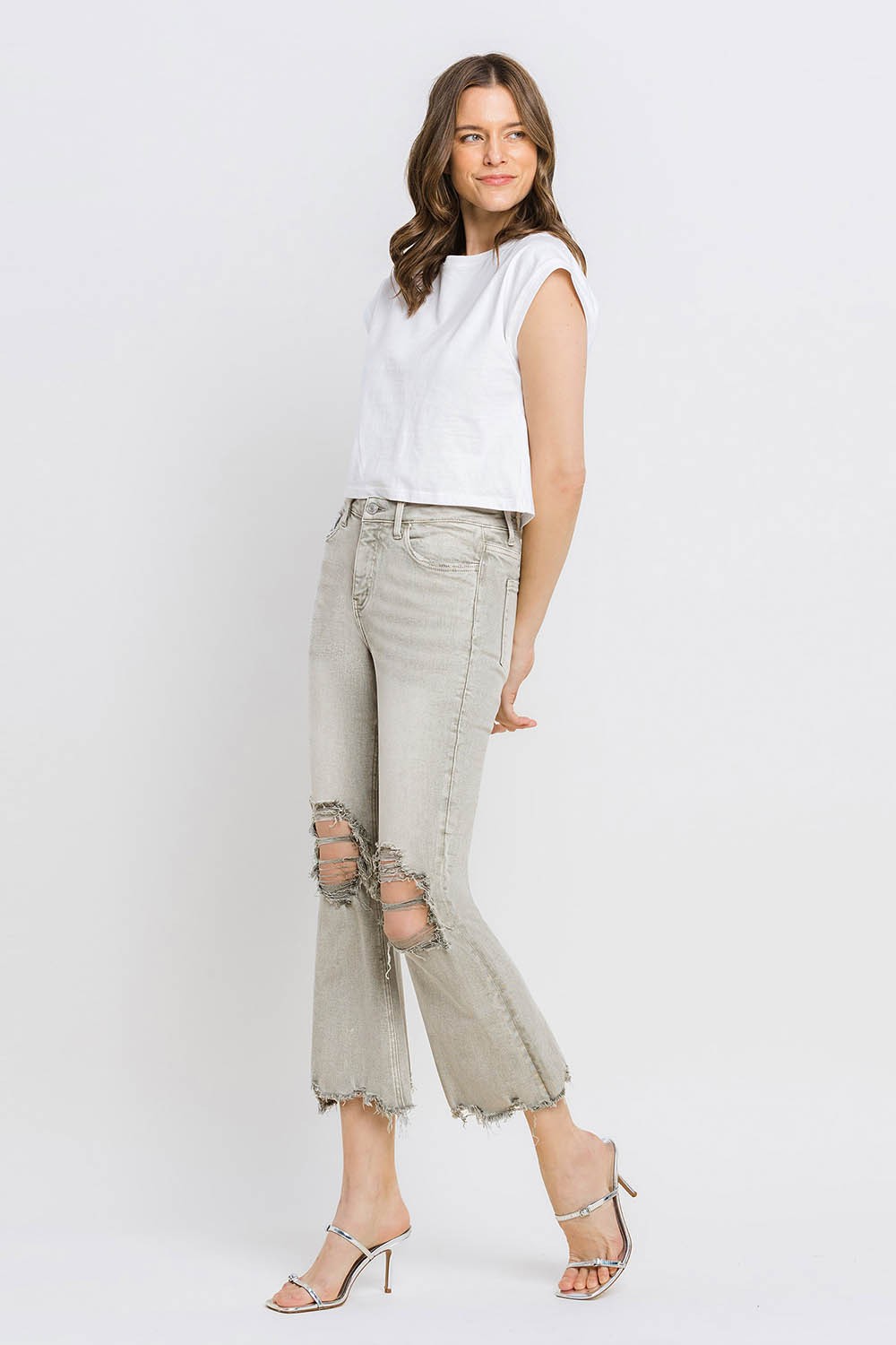 Distressed Raw Hem Cropped Flare Jeans | Jeans - CHANELIA