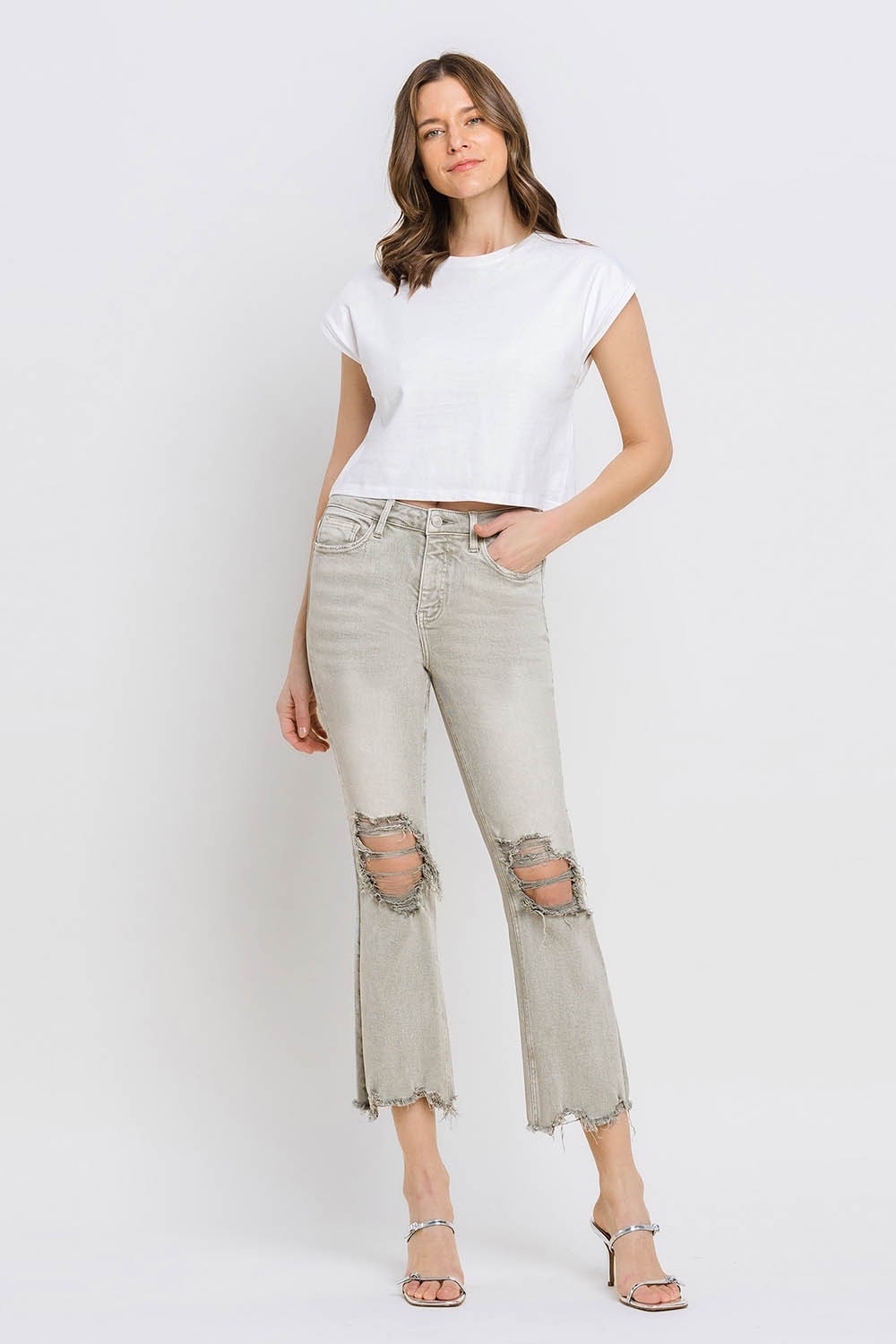 Distressed Raw Hem Cropped Flare Jeans | Jeans - CHANELIA