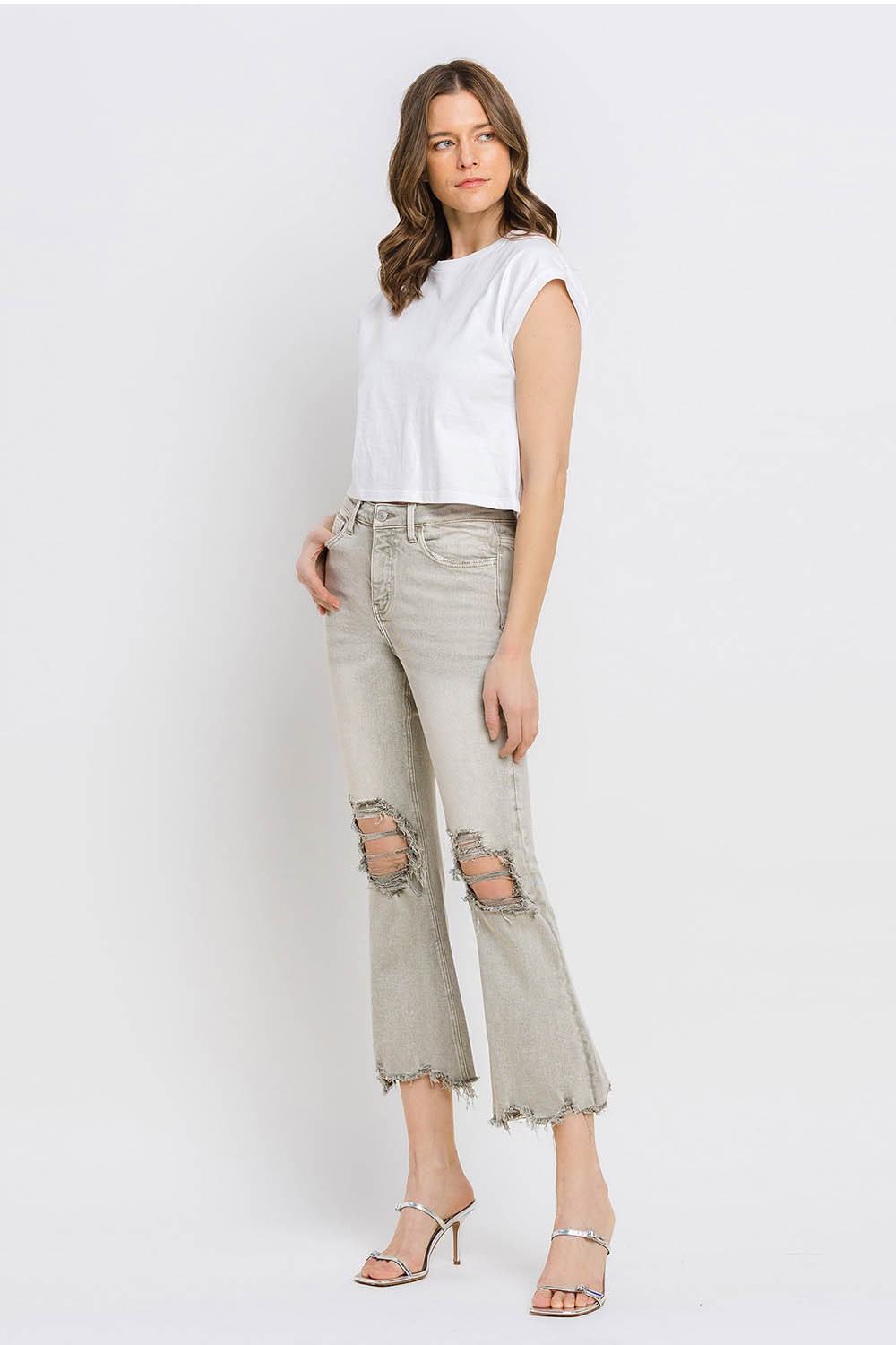 Distressed Raw Hem Cropped Flare Jeans | Jeans - CHANELIA