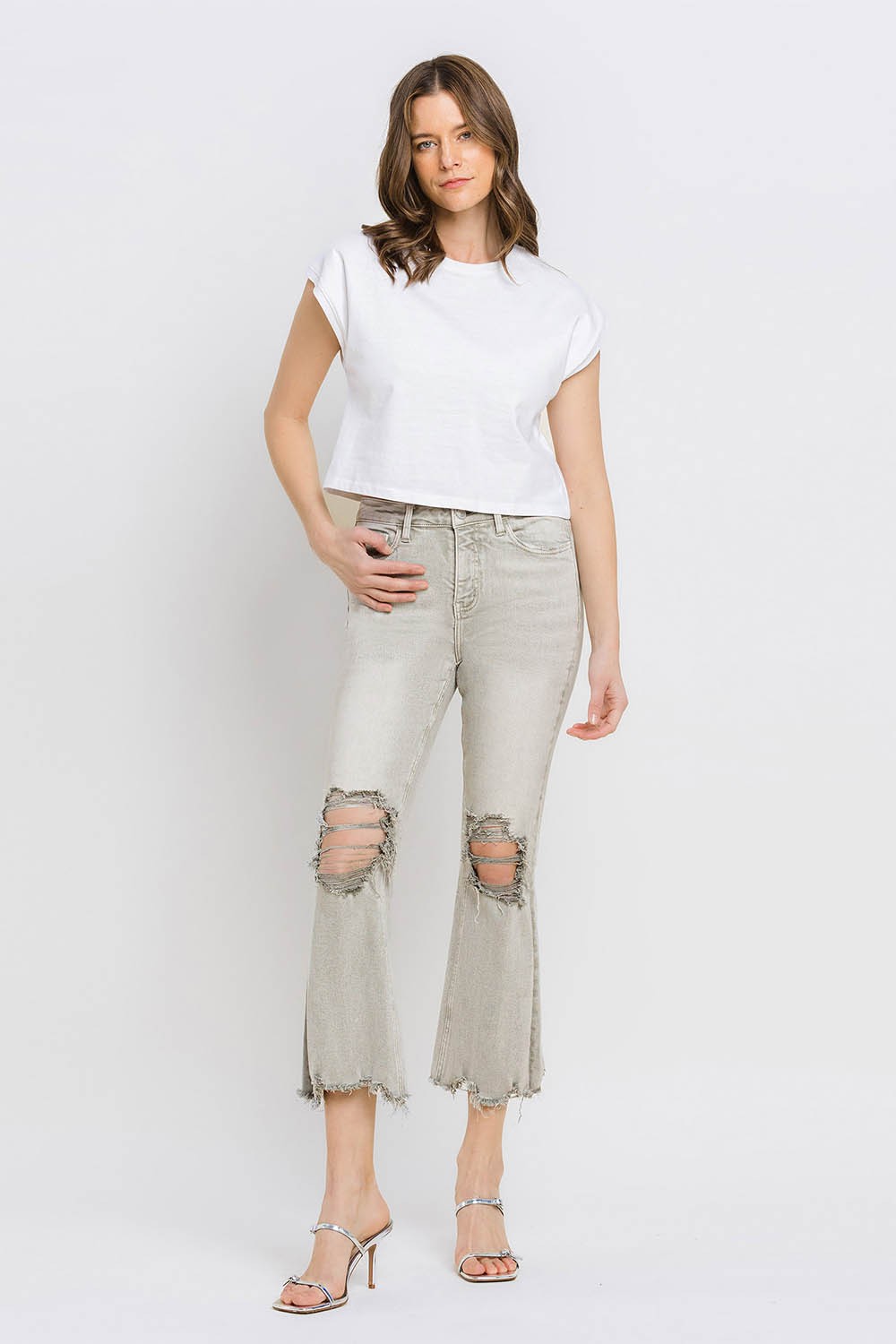 Distressed Raw Hem Cropped Flare Jeans | Jeans - CHANELIA