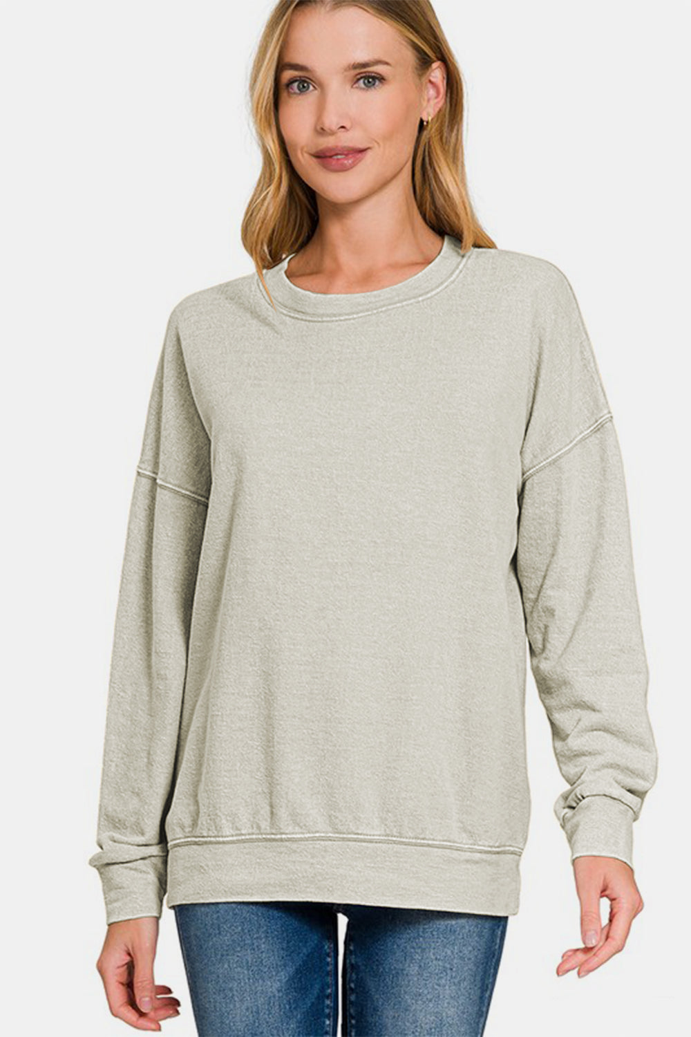 Éclat Dropped Shoulder Pullover in grey, front view