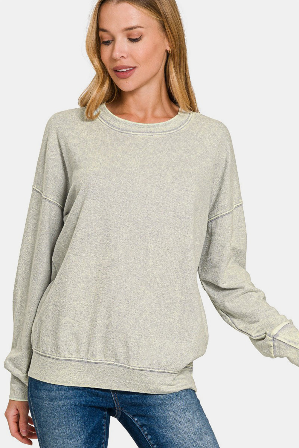 Éclat Dropped Shoulder Pullover in grey, front view