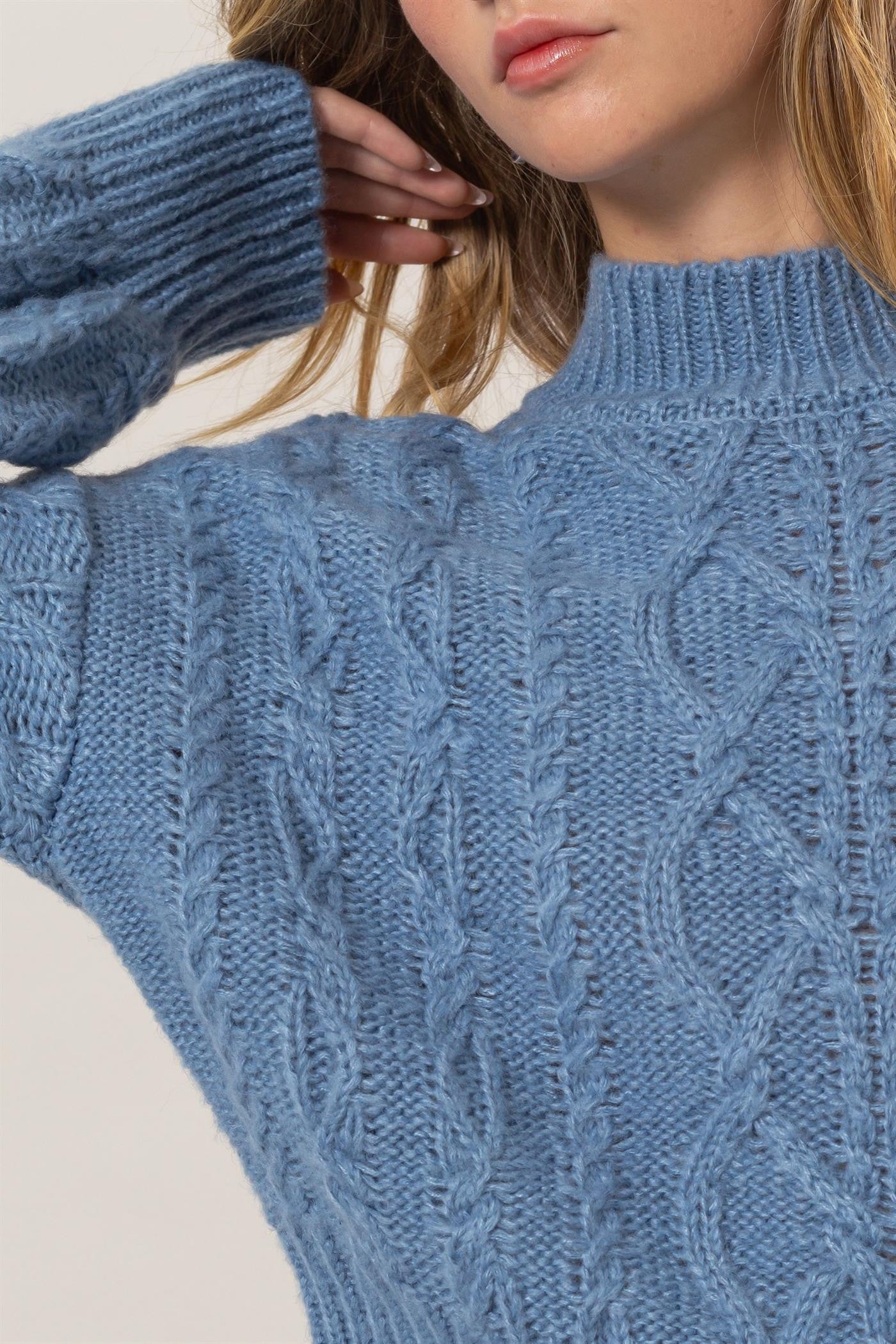 Close-up of cable knit pattern on blue Éclat Weave Mock Sweater.