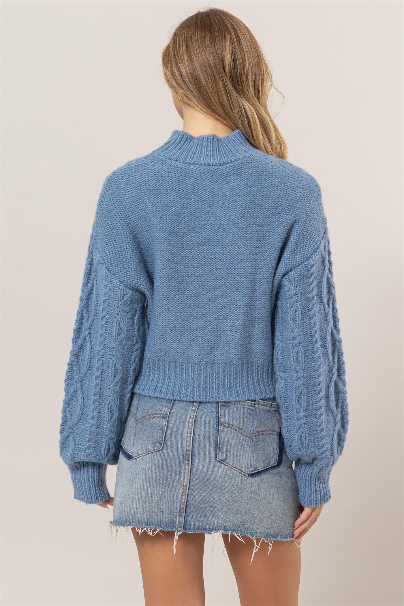 Back view of blue Éclat Weave Mock Sweater.