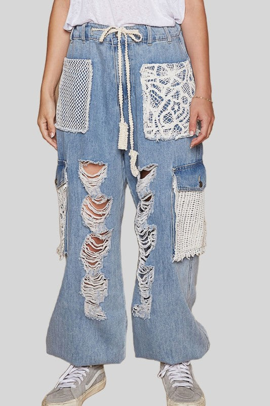 Elysian Crochet-Detailed Distressed Jeans