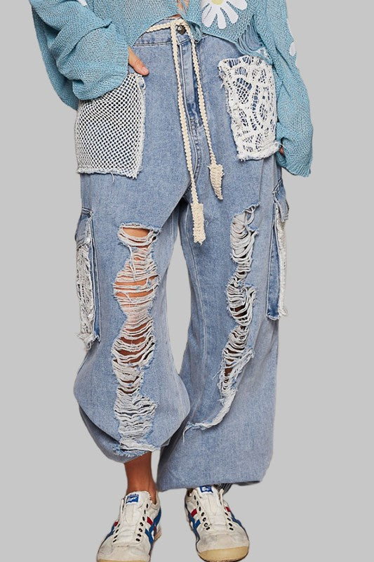 Elysian Crochet-Detailed Distressed Jeans